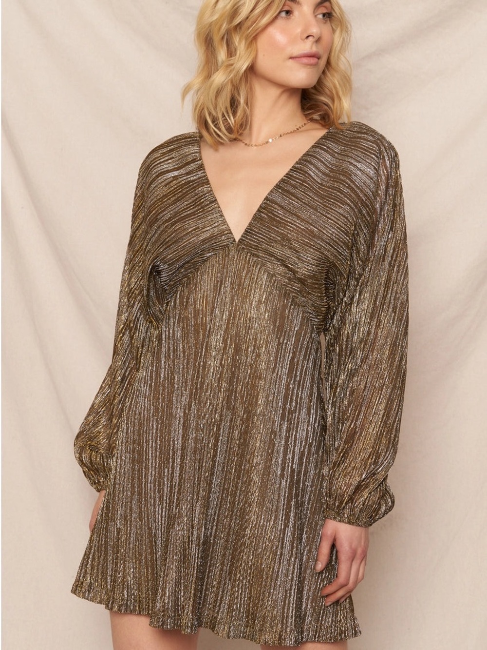 Metallic Gold Plissé V-Neck Mini Dress - Picture 2 of 3